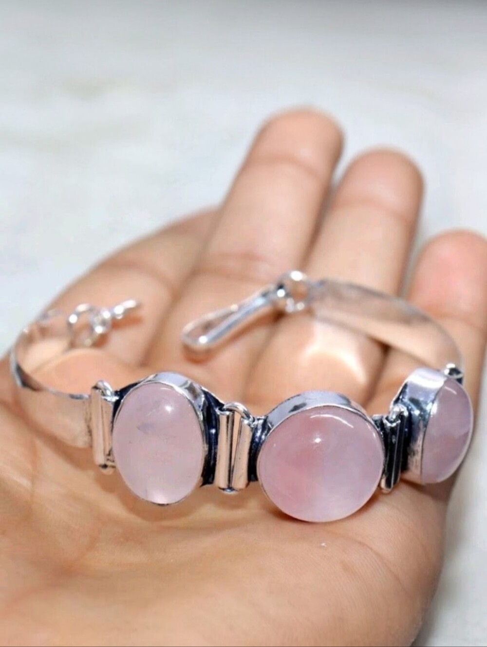 Rose Quartz Gemstone 925 Sterling Silver Handmade Bracelet